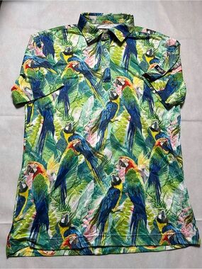 Waggle, parrot printed performance polo size medium